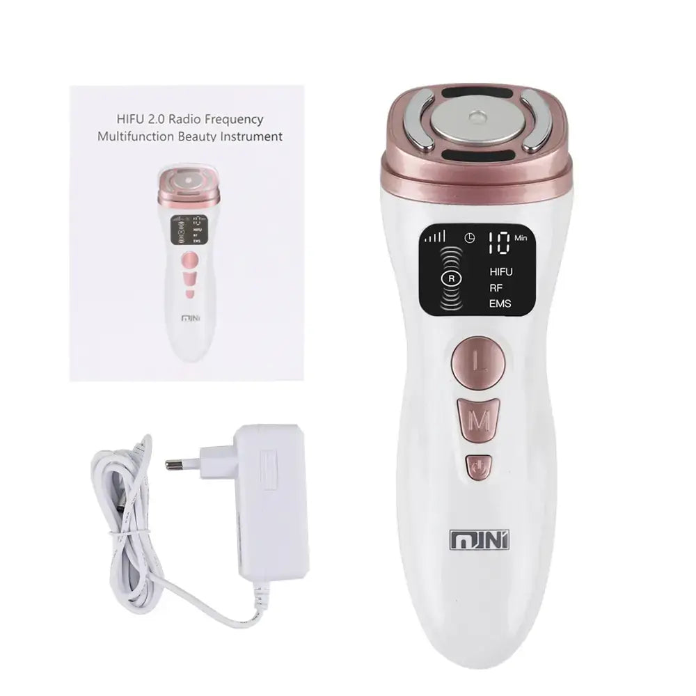White and rose gold hifu 2.0 radio frequency multifunction beauty device with digital display and control buttons