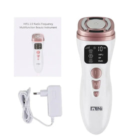 White and rose gold hifu 2.0 radio frequency multifunction beauty device with digital display and control buttons
