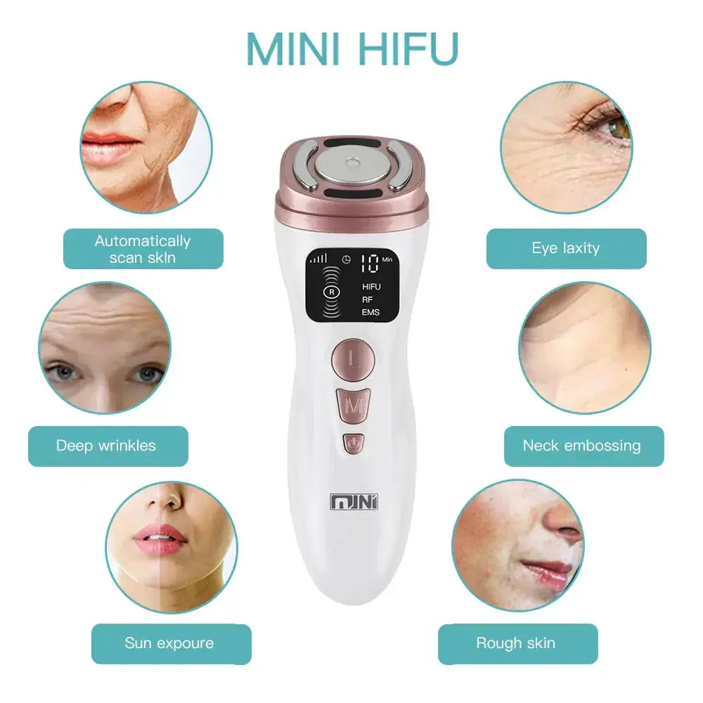 White and rose gold mini hifu device with a digital display and three control buttons.