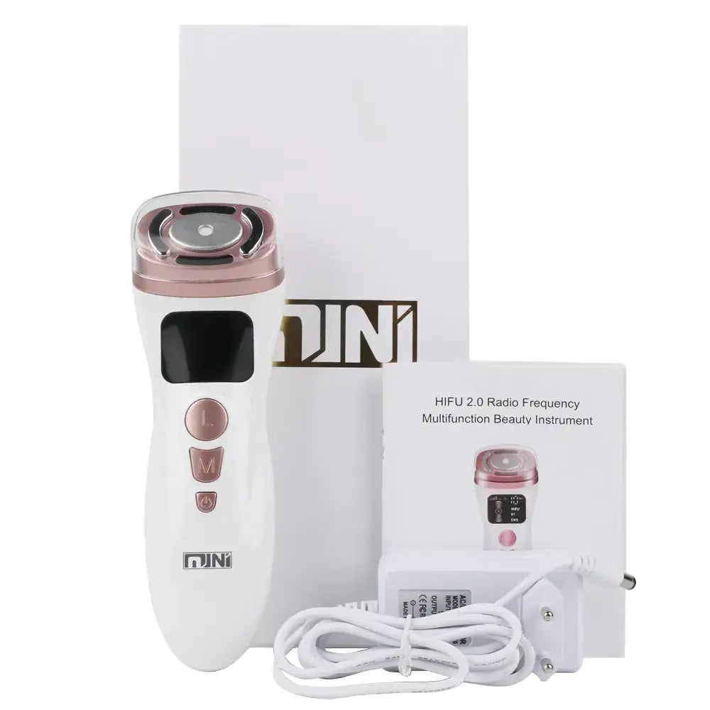 White and rose gold hifu 2.0 radio frequency beauty device with a sleek, ergonomic design