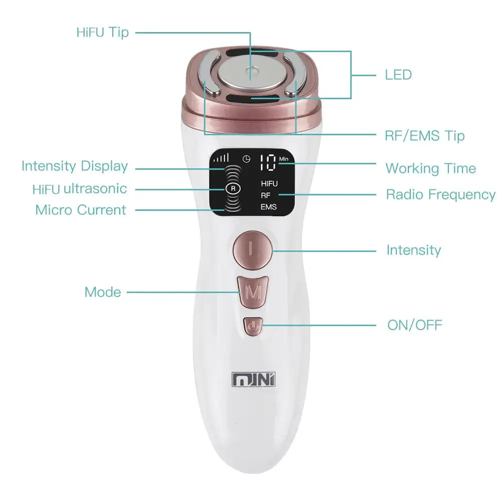 White and rose gold handheld facial device with a digital display showing settings for hifu, rf, and ems modes.