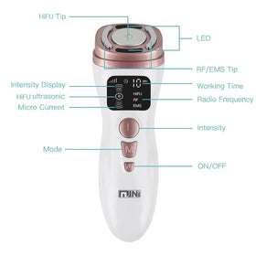White and rose gold handheld facial device with a digital display showing settings for hifu, rf, and ems modes.