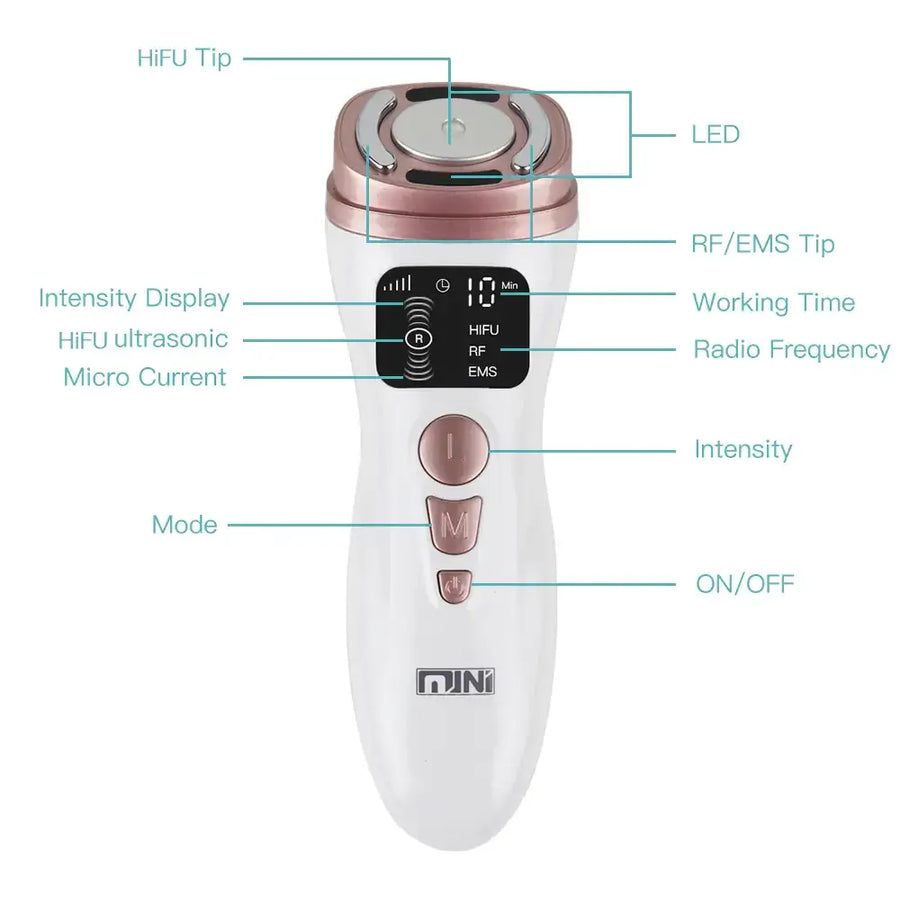 White and rose gold handheld facial device with a digital display showing settings for hifu, rf, and ems modes.