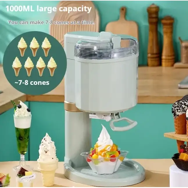 Cream-colored electric ice cream maker with a clear lid and gold-accented base, designed for making 7-8 cones at once.