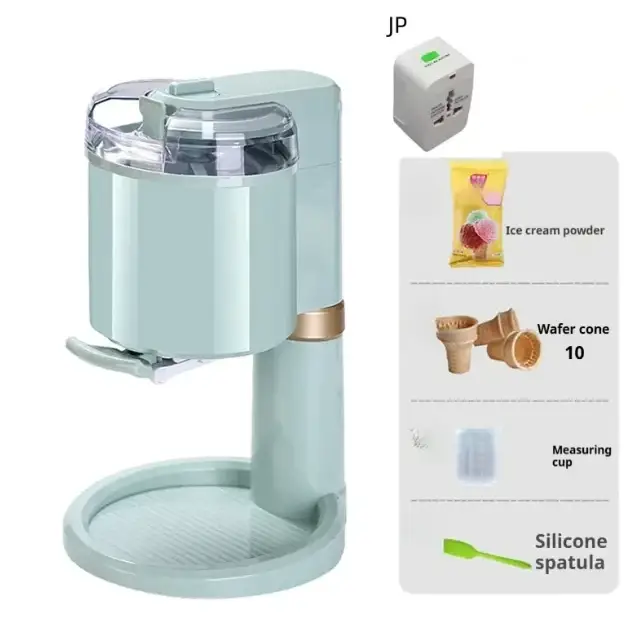 Pastel mint-colored electric ice cream maker with a clear lid and gold-accented handle.