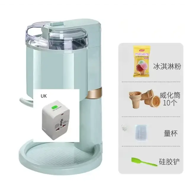 Pastel green electric ice cream maker with a clear lid and gold accent band.
