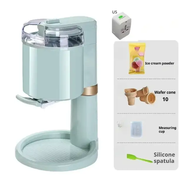 Light blue electric ice cream maker with a clear lid and gold accent band.