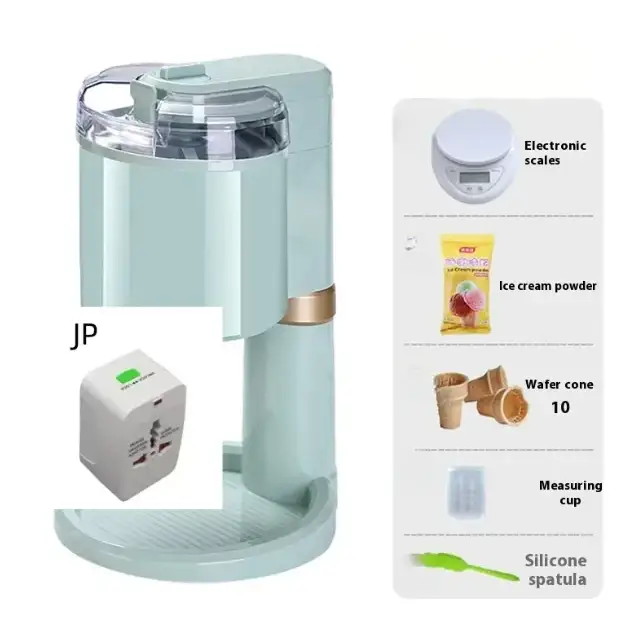 Light mint green electric ice cream maker with a clear lid and gold accent band.