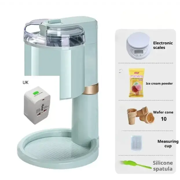 Light blue ice cream maker with a clear lid and gold accent band.