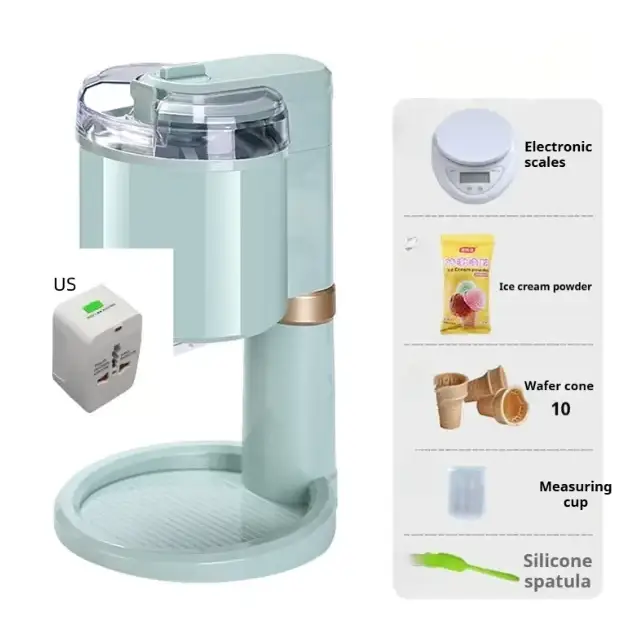 Pastel mint-colored electric ice cream maker with a clear lid and gold-accented base.