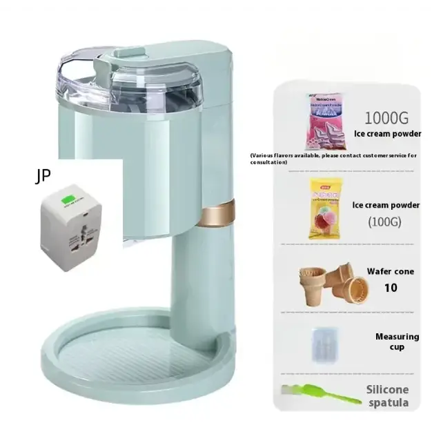 Pastel mint-colored electric ice cream maker with a clear lid and gold accent band.