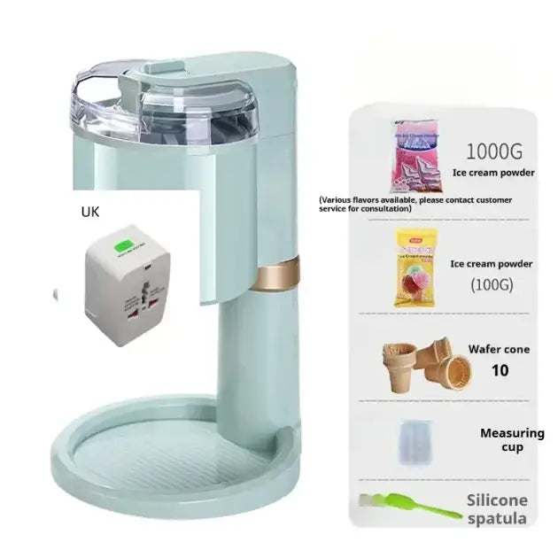 Pastel mint-colored electric ice cream maker with a clear lid and gold-accented base.