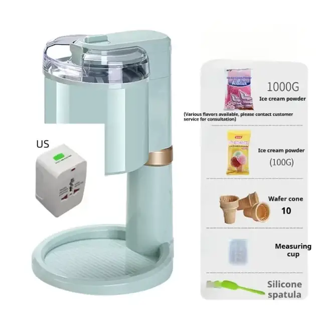 Light blue electric ice cream maker with a clear lid and gold accent band.
