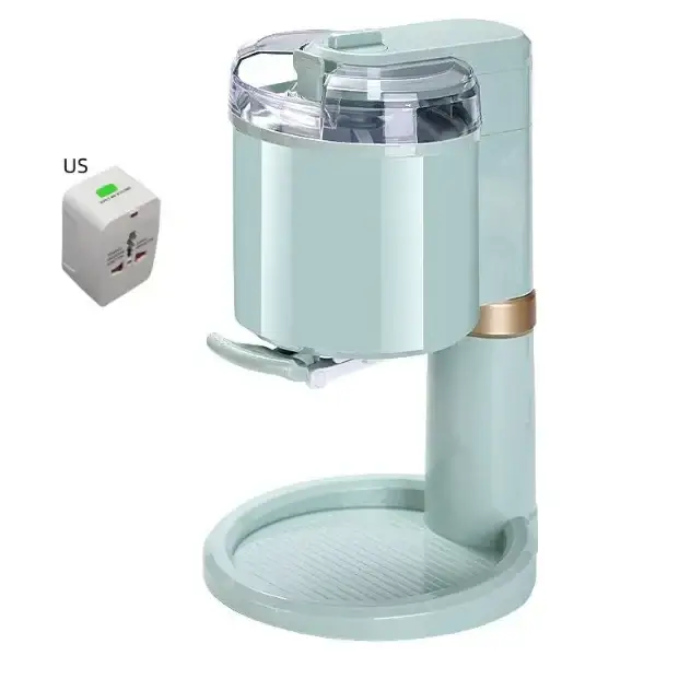 Pastel green electric ice cream maker with a clear plastic lid and gold accent band.
