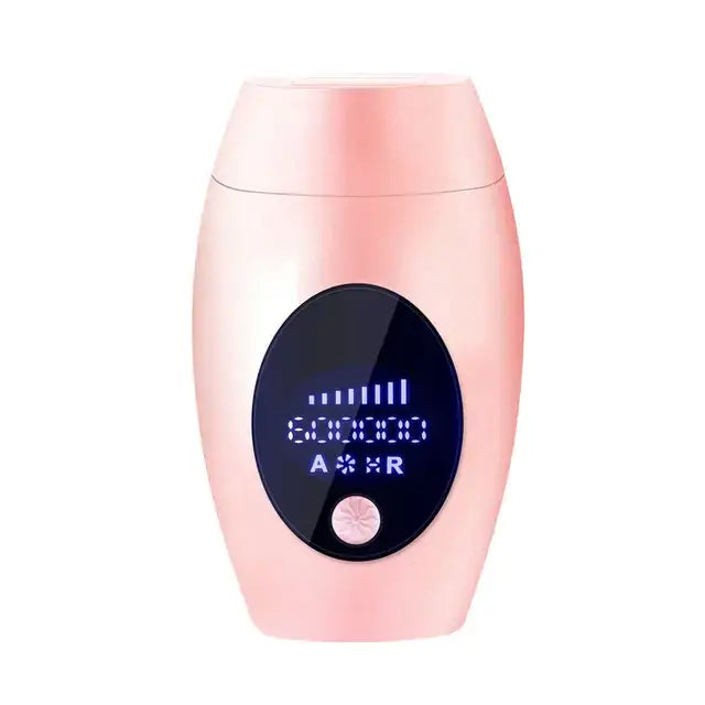 Pink handheld laser hair removal device with a sleek, oval-shaped body and an illuminated digital display showing settings.