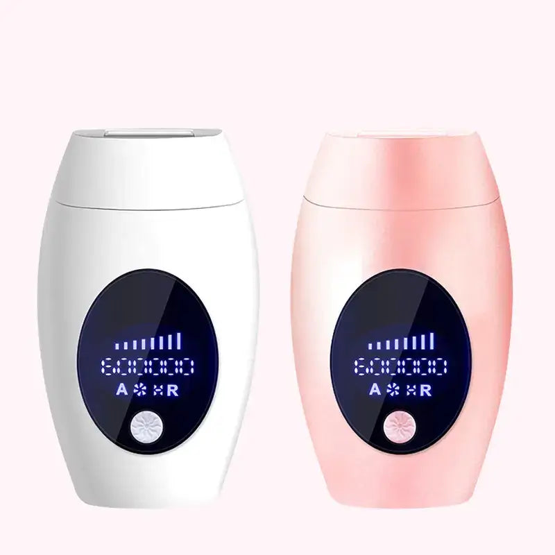 Two sleek, oval-shaped laser hair removal devices in white and pink with digital displays showing ’60.00’’ and the brand logo ’a*xr’.