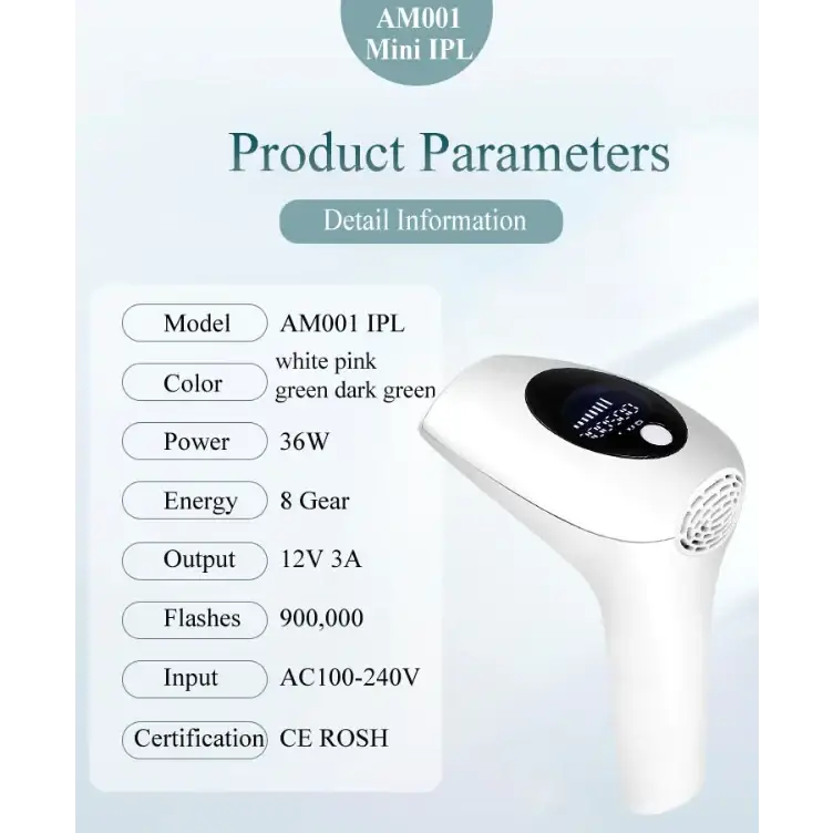 White am001 mini ipl hair removal device with a sleek, ergonomic design and a digital display screen on the front.