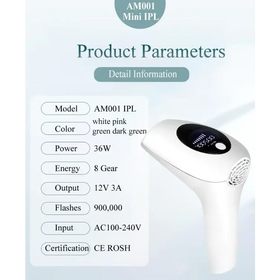 White am001 mini ipl hair removal device with a sleek, ergonomic design and a digital display screen on the front.