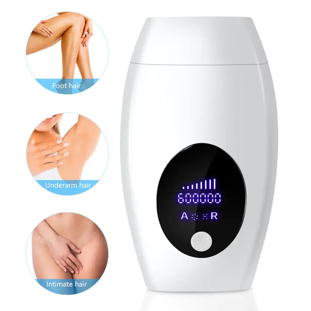 White, sleek, oval-shaped laser hair removal device with a black digital display showing purple illuminated numbers and symbols.