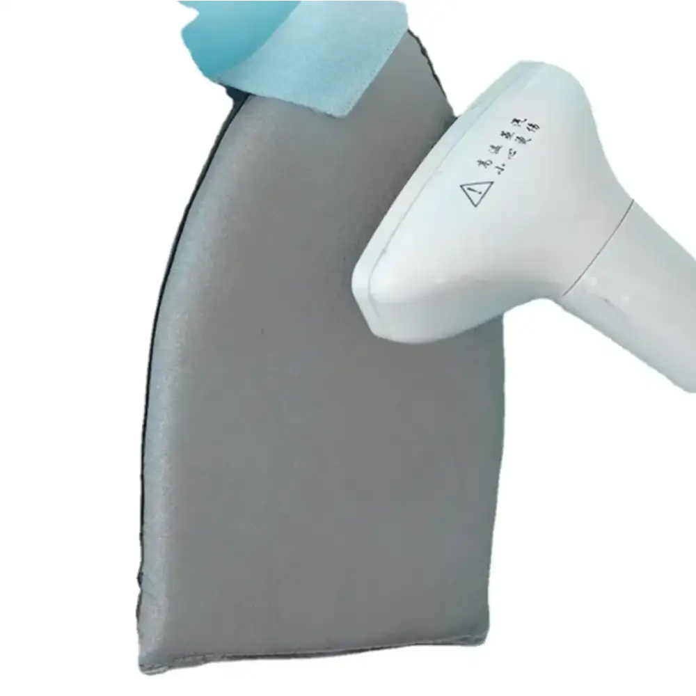 Gray fabric ironing pad with a light blue protective cover at the top.