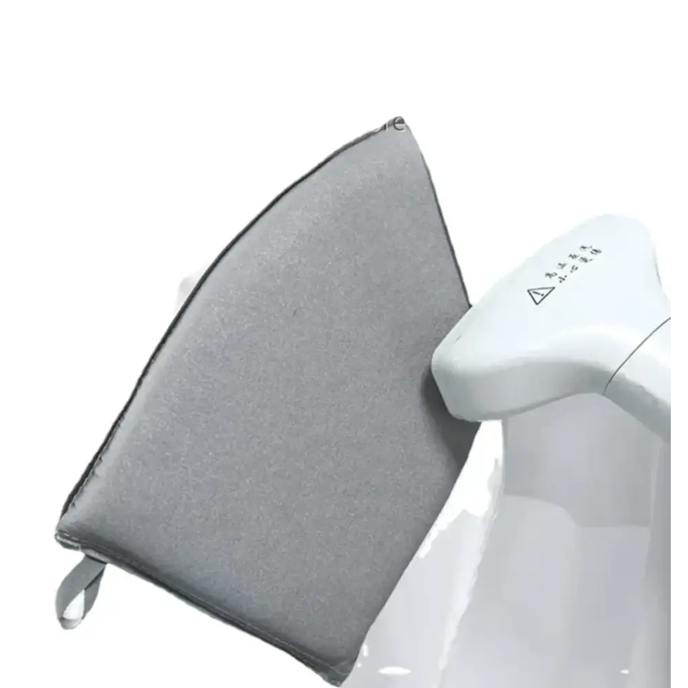 Gray felt steam ironing pad with a small loop handle.
