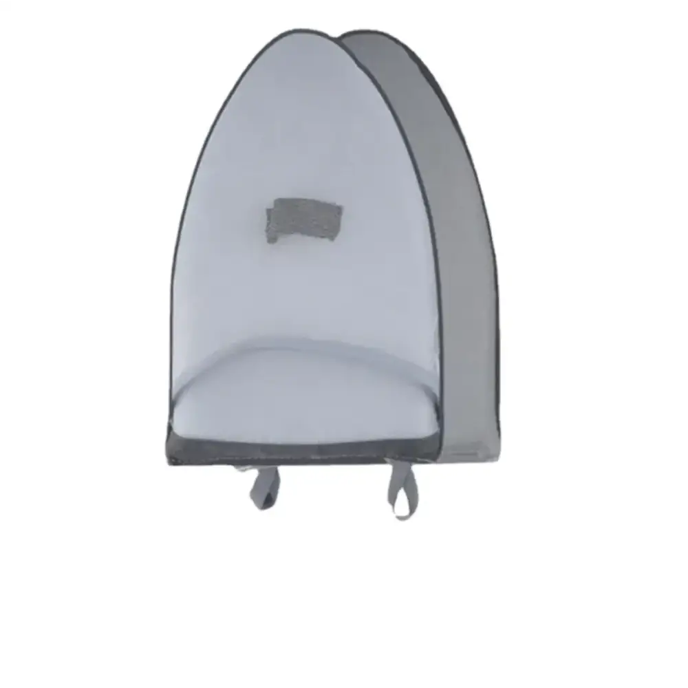 Gray mesh portable baby sleep tent with padded base and adjustable straps.