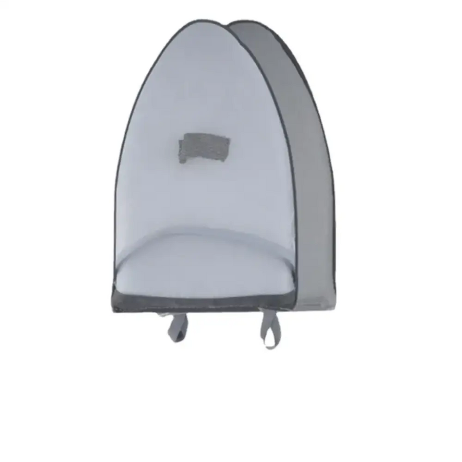 Gray mesh portable baby sleep tent with padded base and adjustable straps.