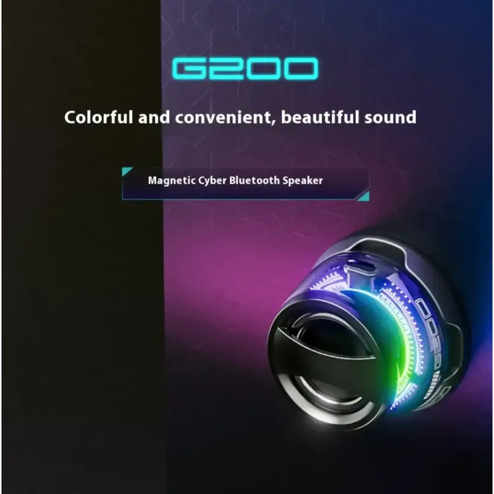 G200 magnetic cyber bluetooth speaker with sleek black and silver design, glowing rgb lighting accents.