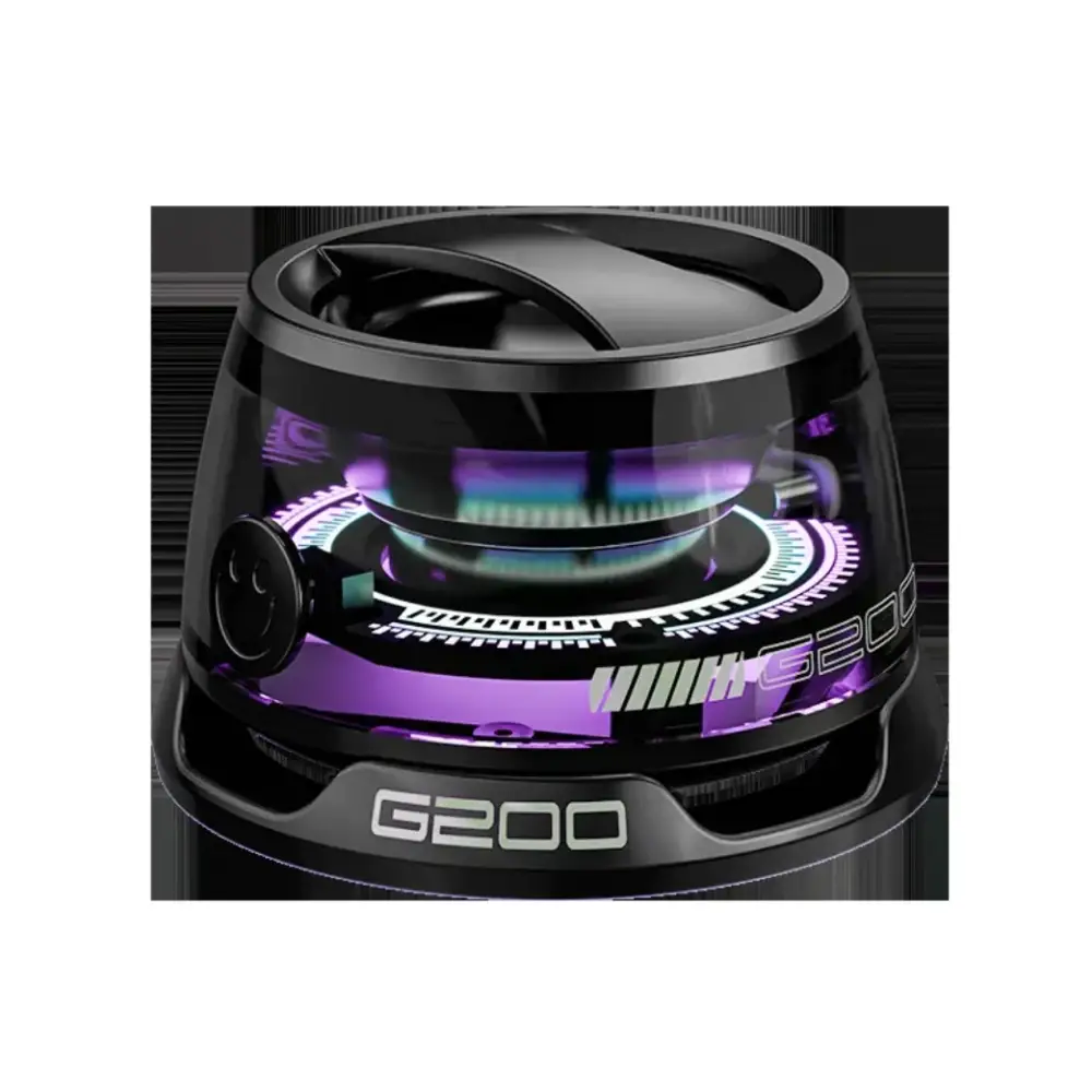 Black g200 portable gas stove with a transparent lid revealing glowing purple and blue flames inside.