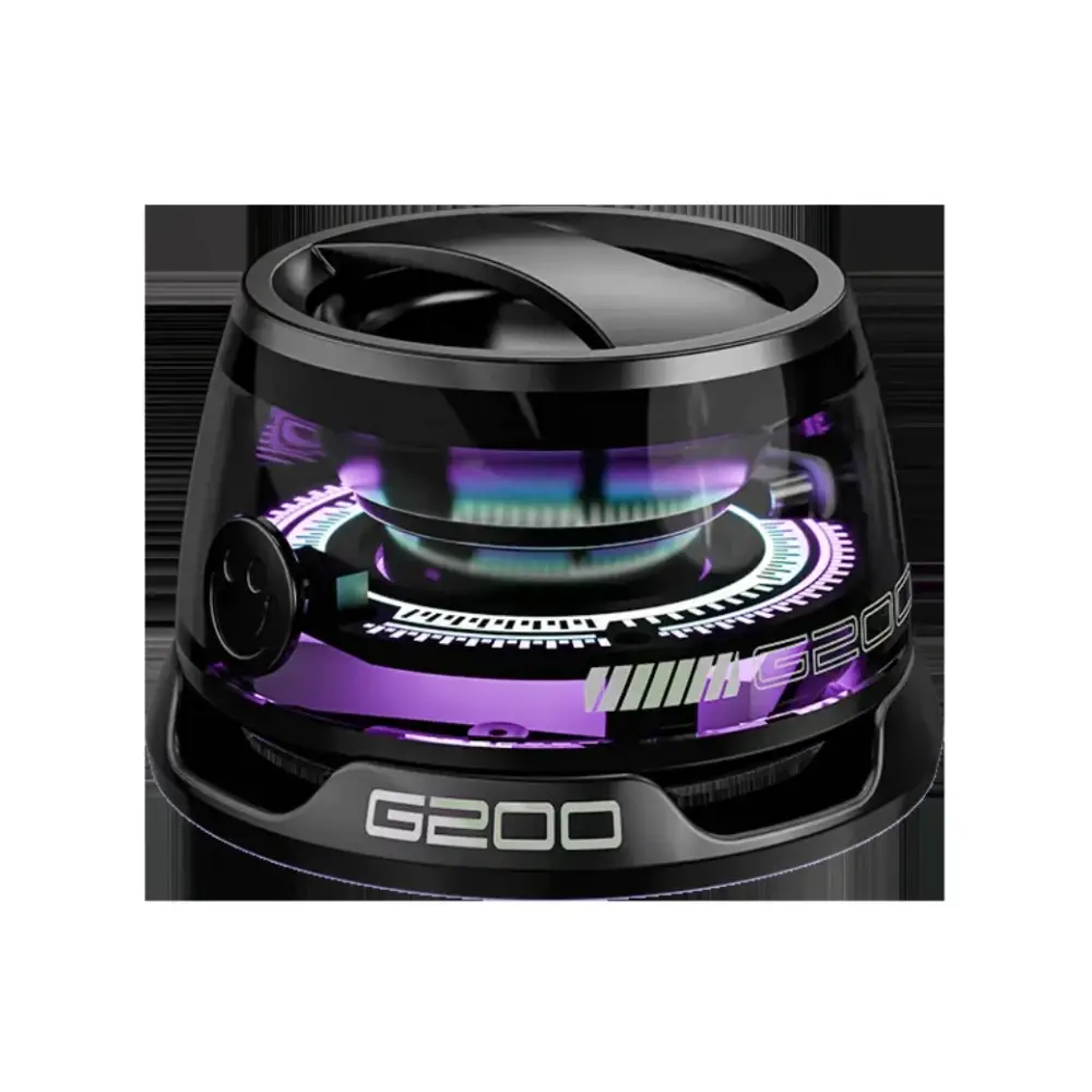 Black g200 portable gas burner with a transparent dome revealing glowing purple and blue flames inside.