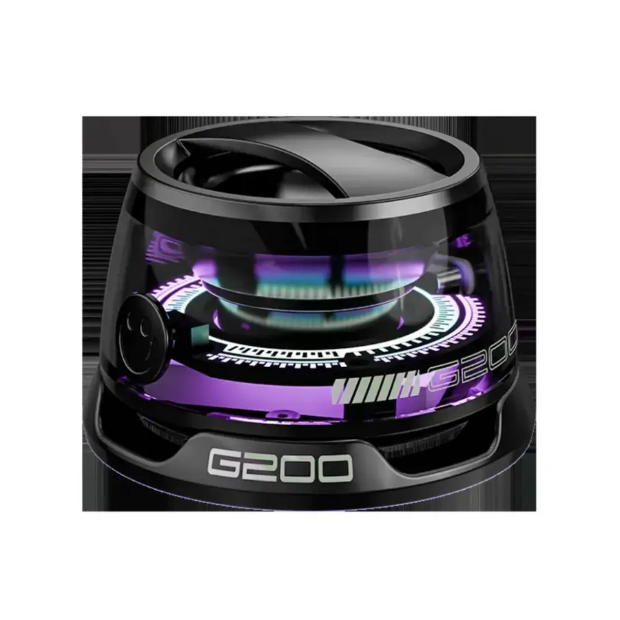 Black g200 portable gas burner with a transparent dome revealing glowing purple and blue flames inside.