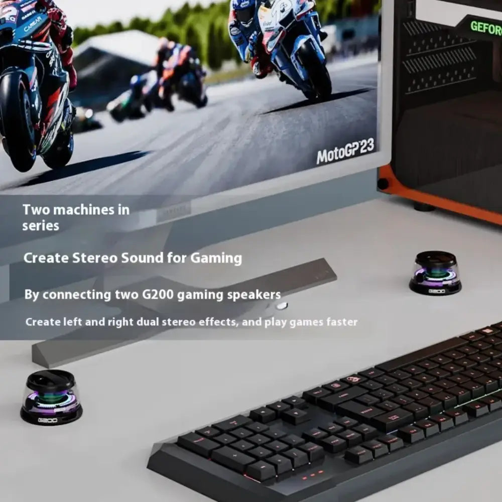 Black g200 gaming speakers with glowing purple and blue led lights