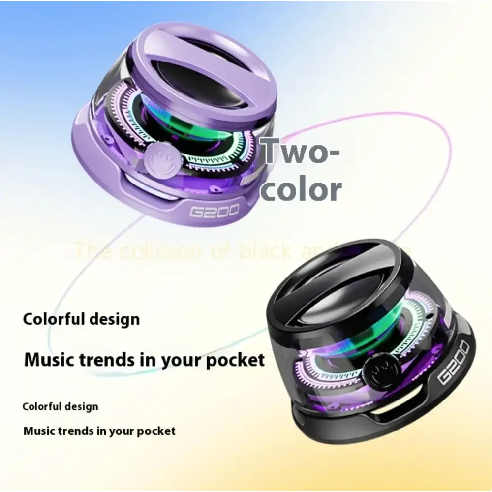Purple and black g200 portable speaker with a circular, layered design featuring glowing green accents.