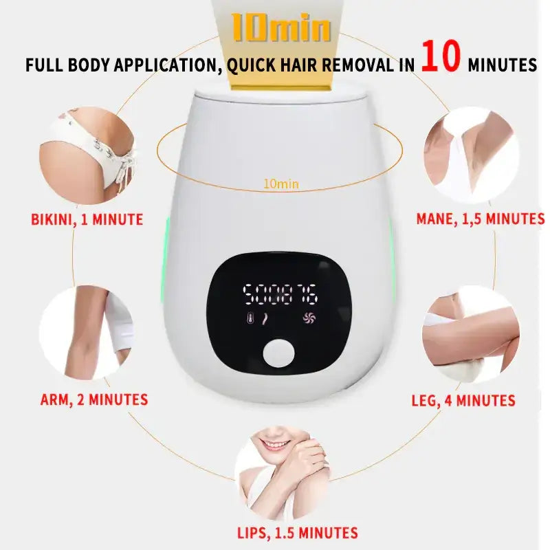 White handheld laser hair removal device with a digital display and green accent lighting.