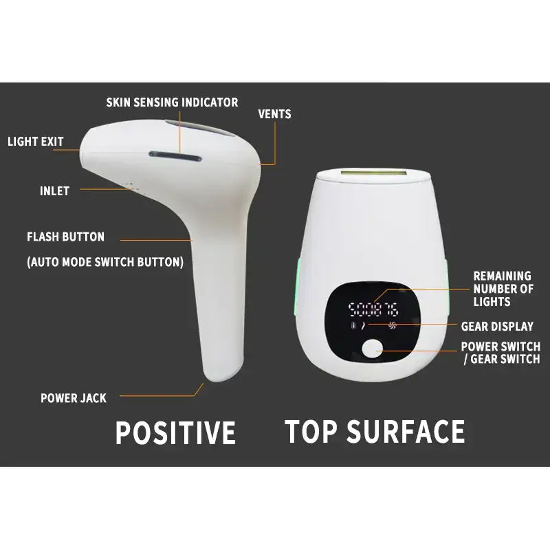 White handheld epilator with a sleek, ergonomic design and a digital display on its base unit.