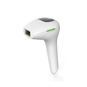 White handheld laser hair removal device with a green accent stripe and black control panel.