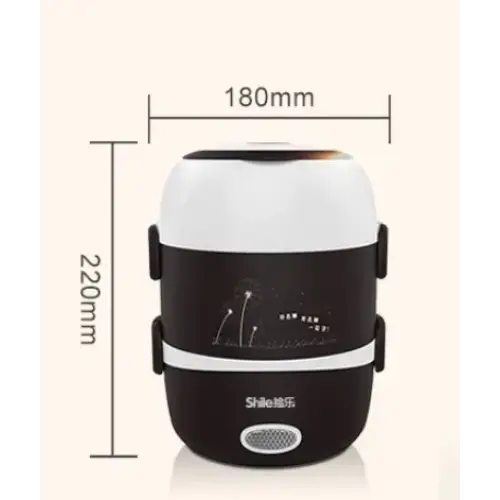 Black and white two-tiered electric lunchbox with a dandelion illustration on the side.