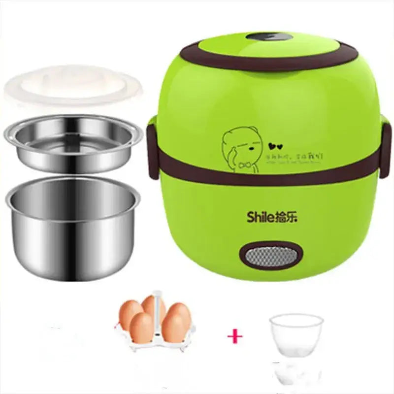 Lime green and brown electric rice cooker with cartoon character design.
