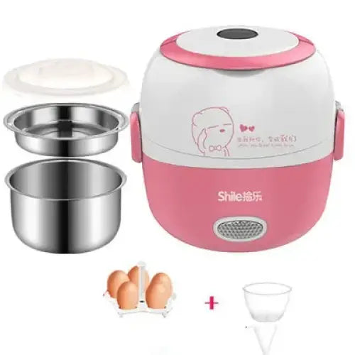 Pink and white electric rice cooker with stainless steel inner bowls, featuring a cute cartoon face design on the lid.