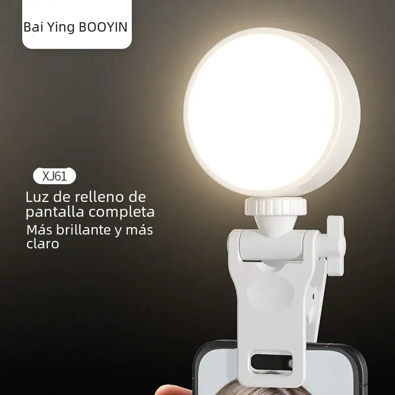 White bai ying booyin xj61 phone clip-on ring light with a bright, full-screen fill lighting design.