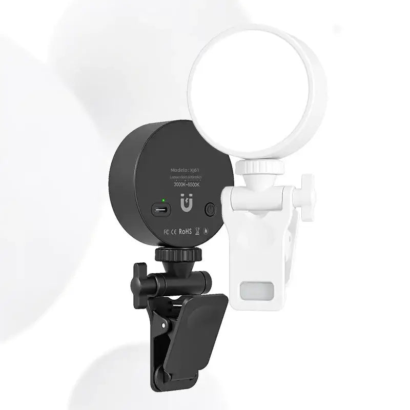 White and black adjustable ring light with clip-on mount