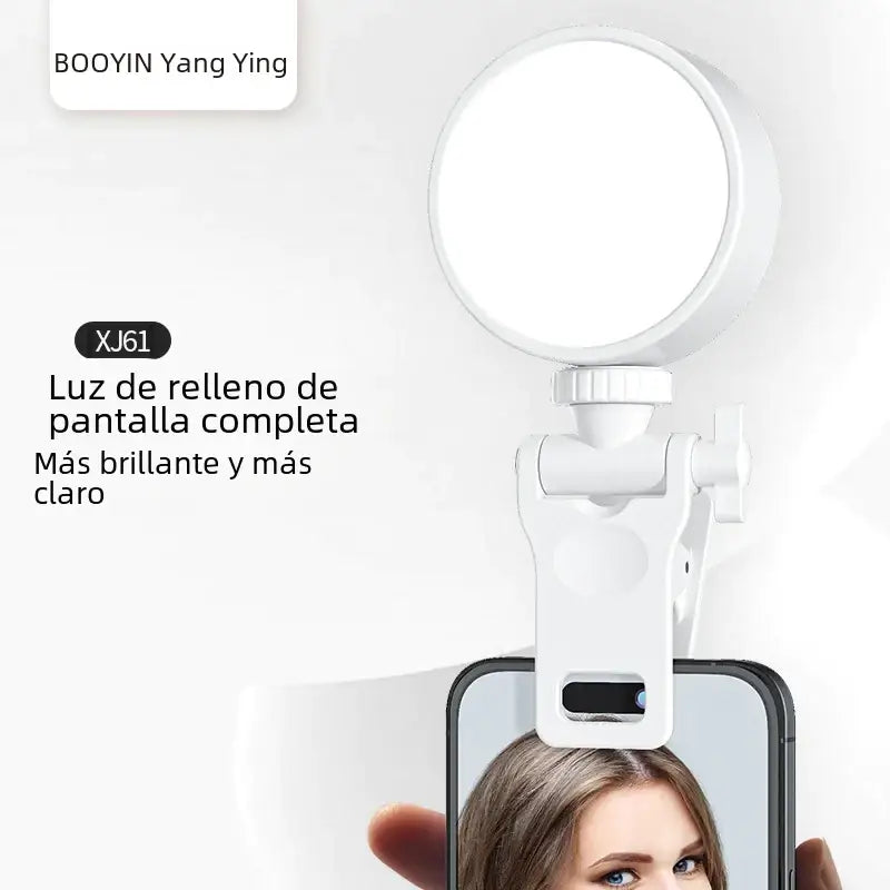 White booyin yang ying xj61 phone clip-on ring light with adjustable clamp and bright, full-screen fill lighting.