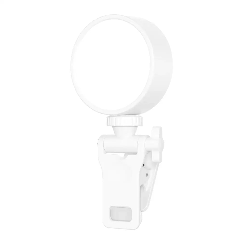 White plastic clip-on ring light with adjustable head and clamp.