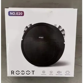 Black circular robot vacuum cleaner with a ’start’ button and white accents on the packaging.