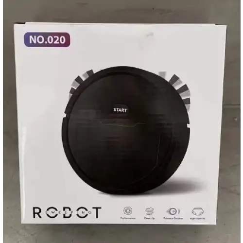Black circular robot vacuum cleaner with a ’start’ button and white accents on the packaging.