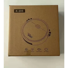 Brown cardboard box for the sweepin k-205 robotic vacuum cleaner, featuring a printed illustration of its circular design with ’start’ button and key features.