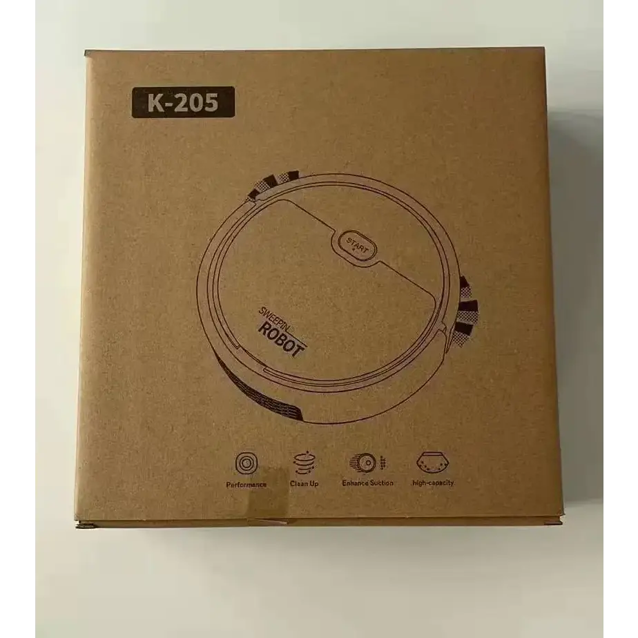 Brown cardboard box for the sweepin k-205 robotic vacuum cleaner, featuring a printed illustration of its circular design with ’start’ button and key features.