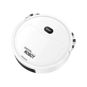 White circular robotic vacuum cleaner with black ’start’ button and ’sweepin robot’ branding.
