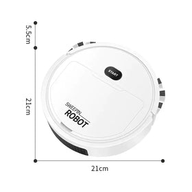 White circular robotic vacuum cleaner with black ’start’ button and ’sweepin robot’ branding.