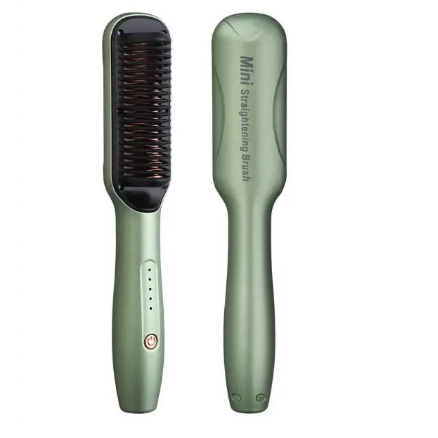 A sleek, matte sage green mini straightening brush with a smooth handle and dark bristles.